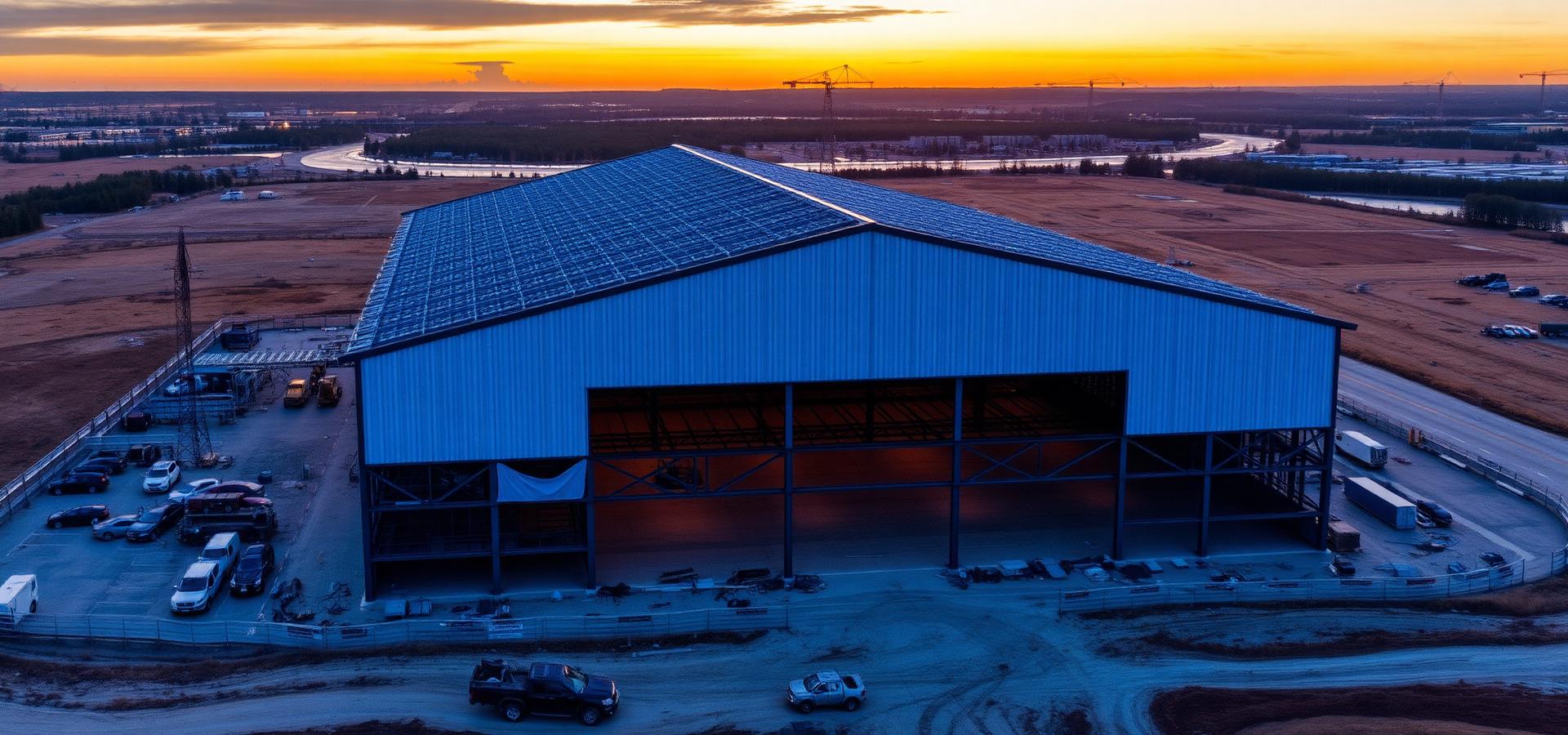 Hală industrială de mari dimensiuni pe șantier, vedere aeriană