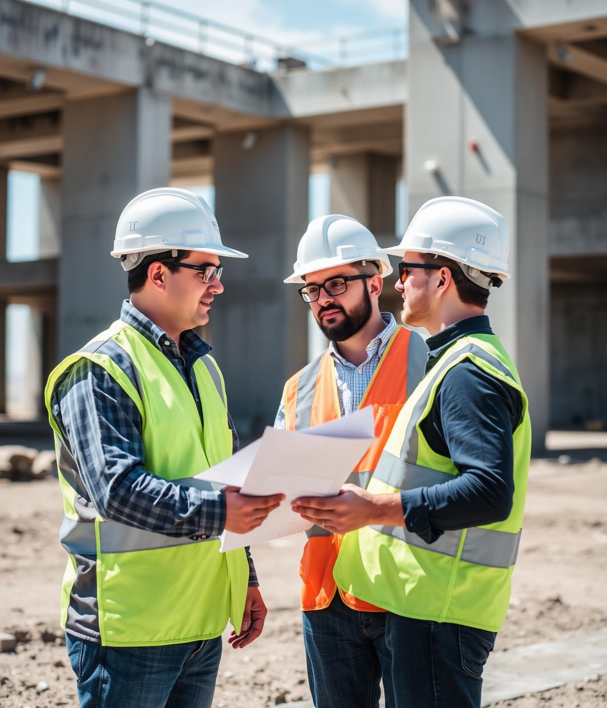 Echipă de constructori analizând planurile pe un șantier